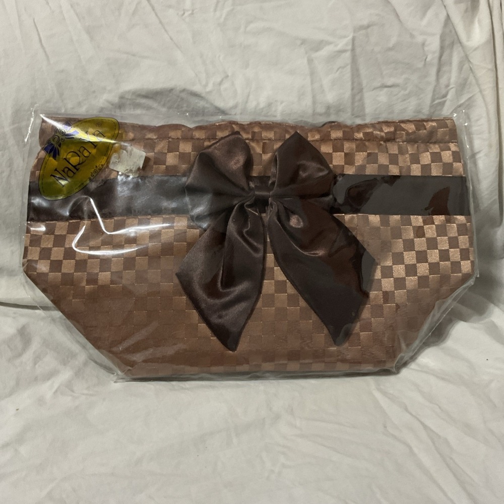 NaRaYa Small Brown Quilted Satin Bag Purse Braided Handles Bow